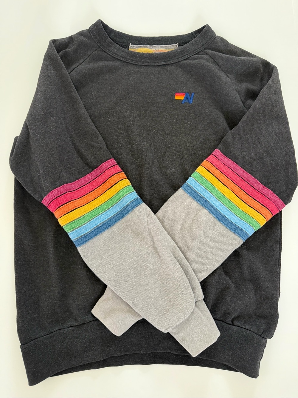 Aviator Nation Black Crewneck Sweatshirt with Rainbow Stripe Sleeves